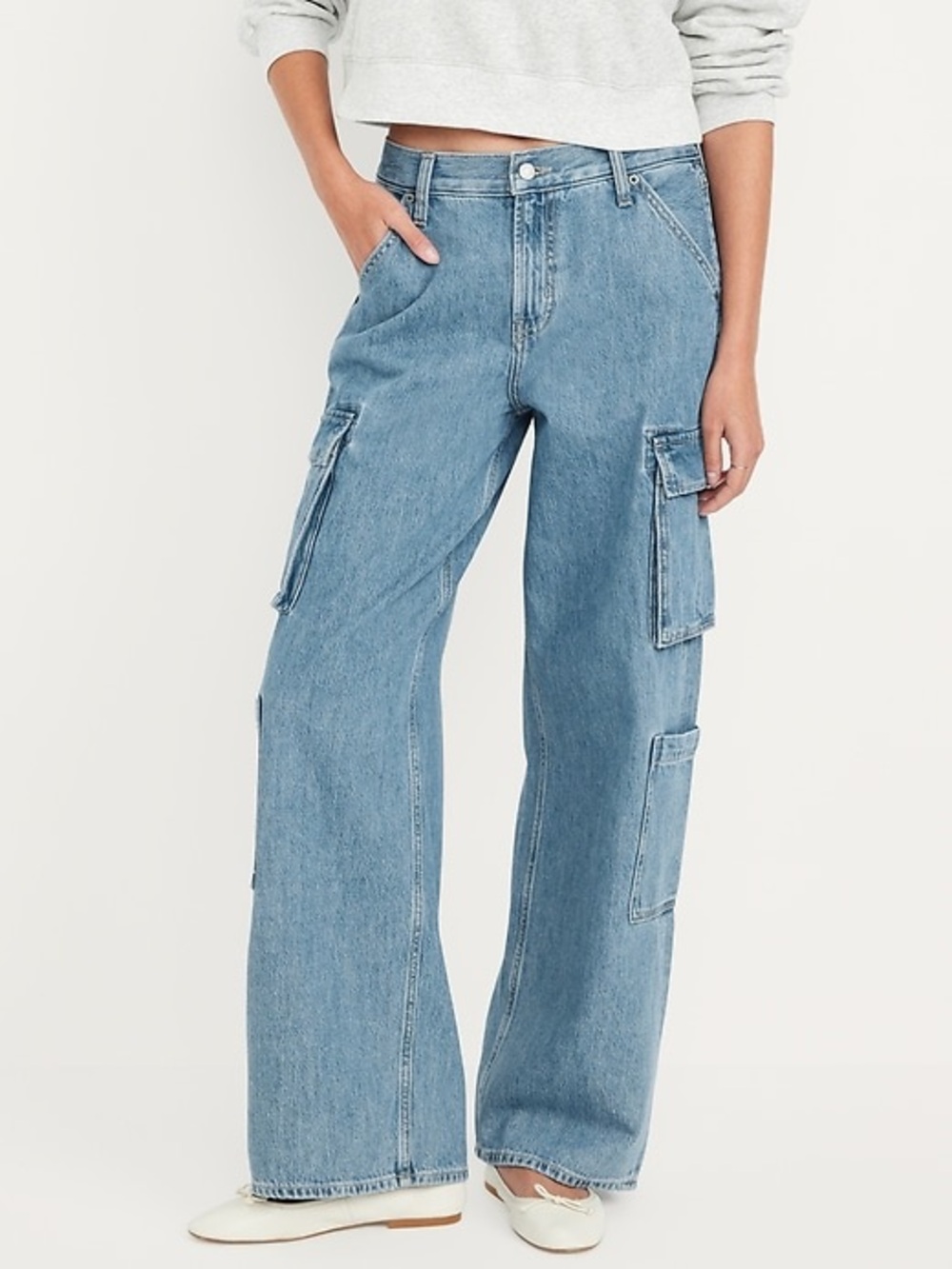 Old Navy 14 Mid Rise baggy wide leg jeans cargo pockets blue denim 100% cotton